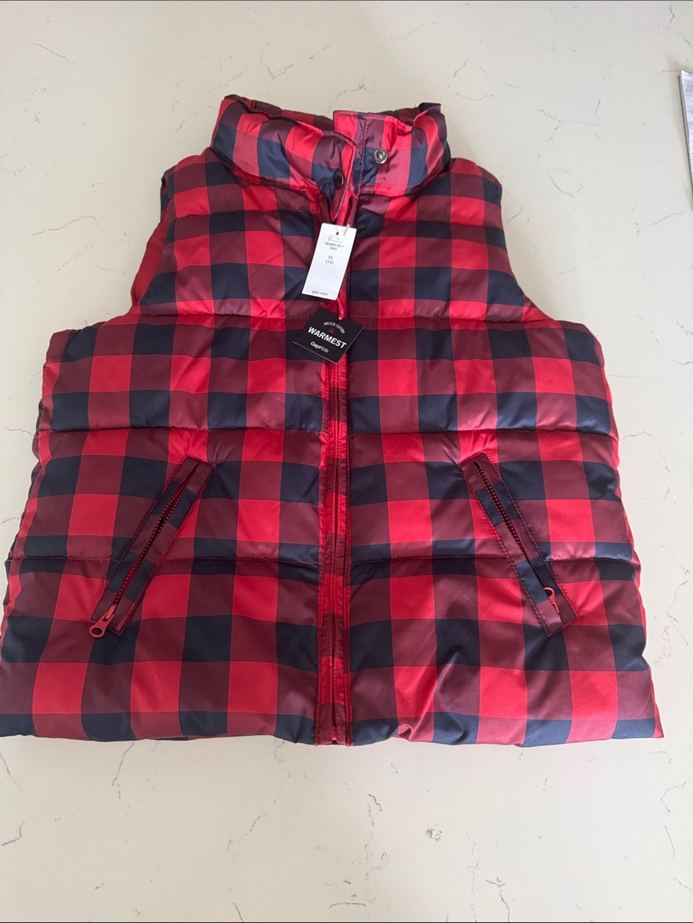 GAP Red and Black Buffalo Plaid Puffer Vest